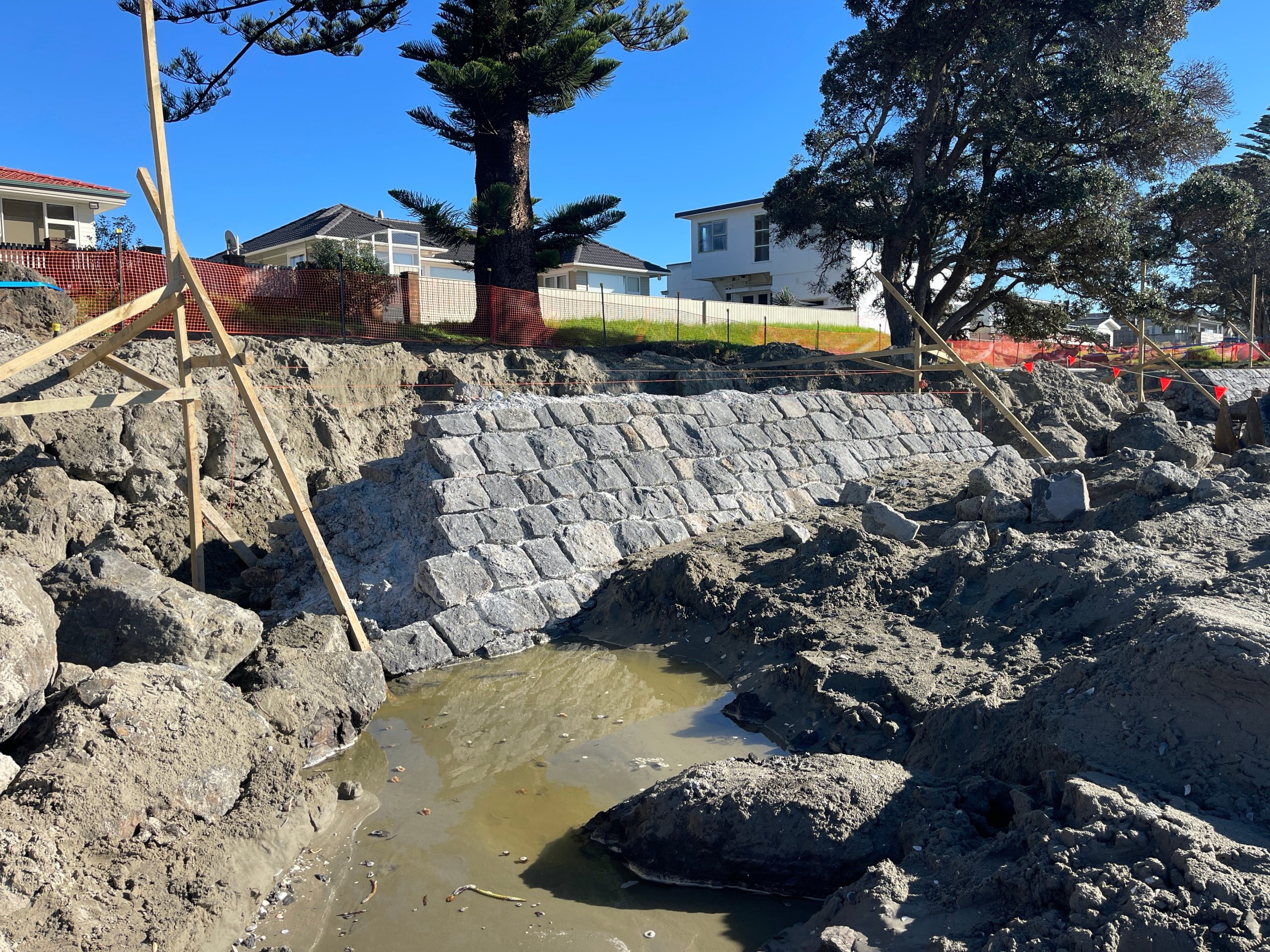 Seawall and riprap construction at the water's edge