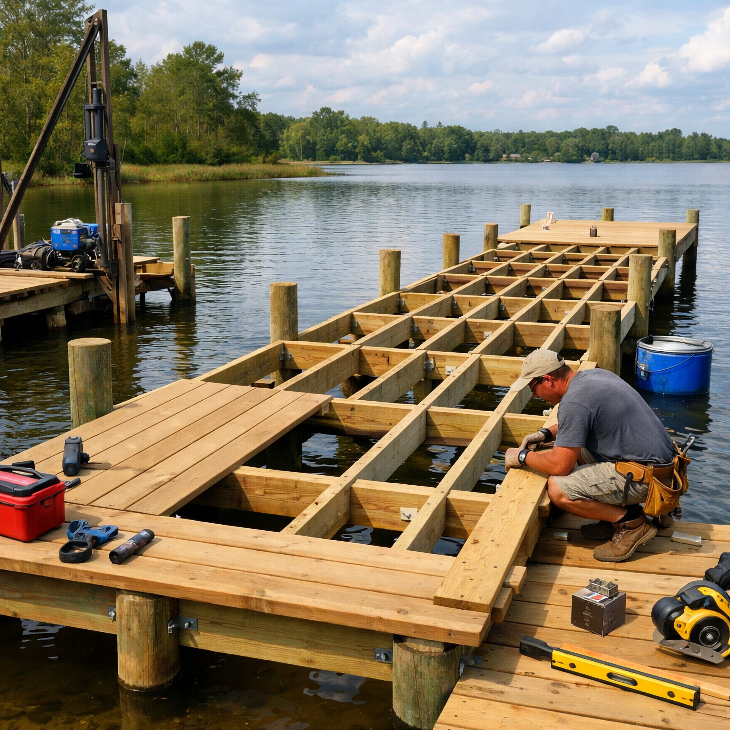 Marine contractor building a wooden dock on a lake